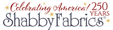 Shabby Fabrics of Post Falls ID logo which says: Celebrating America 250 years, Shabby Fabrics